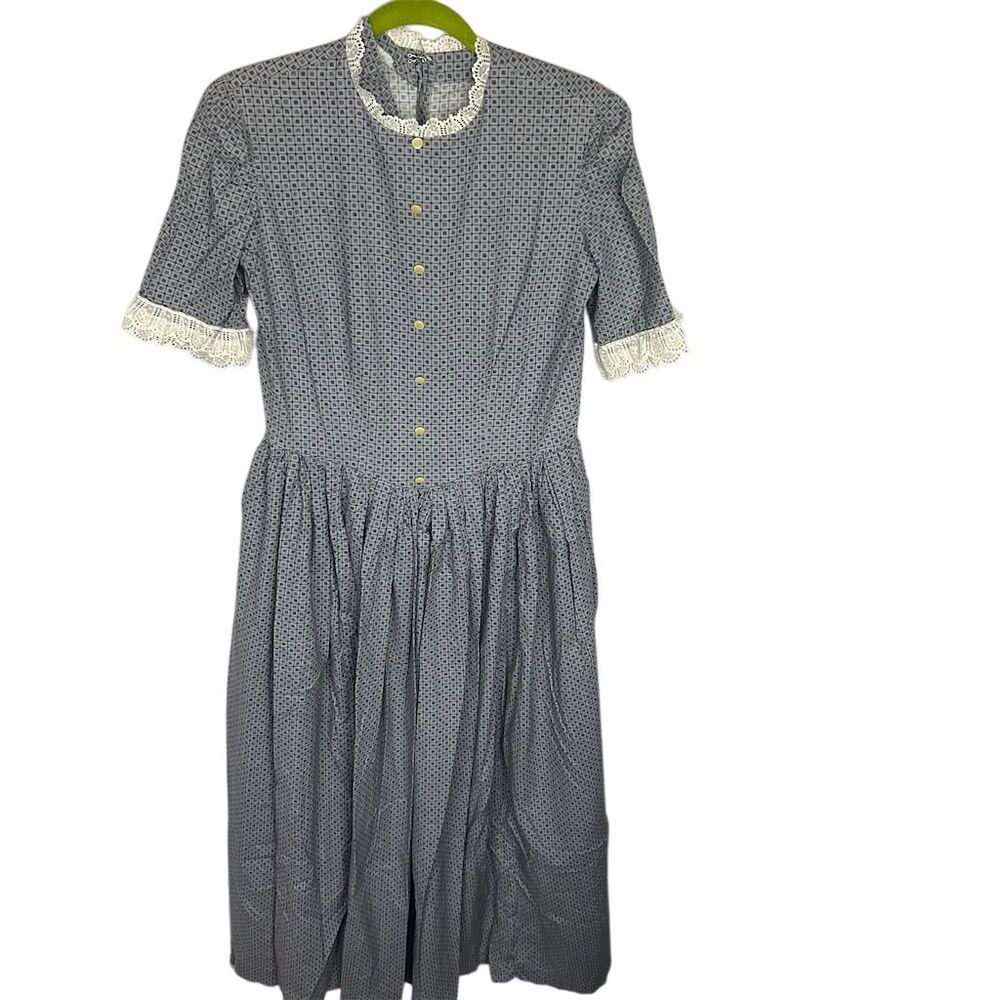 Handmade Vintage Prairie Dress Large Blue  Multicolor Square Print Long Lace